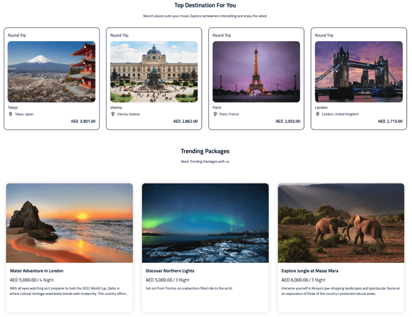 Destinations page